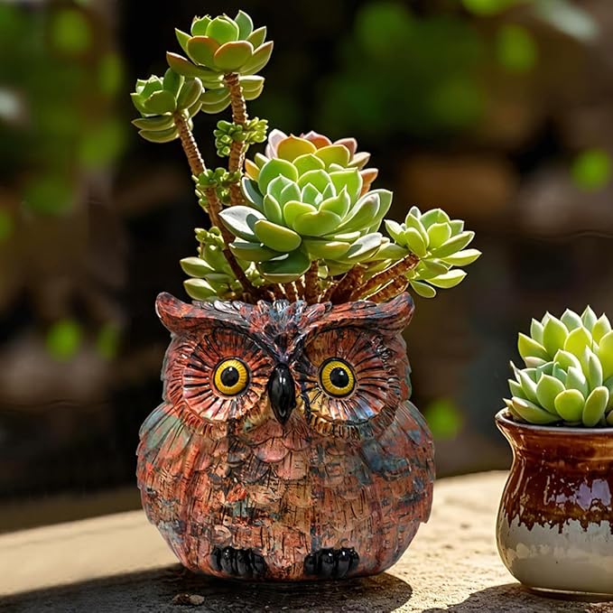 Owl Planter, Owl Succulent Pots, Owl Flower Pot, Owl Statue Decor, Cute Plant Pots Indoor/Outdoor, Animal Bird Planters with Drainage, Owl Vase Gifts for Women Mother Teacher, Pen Brush Holder Brown