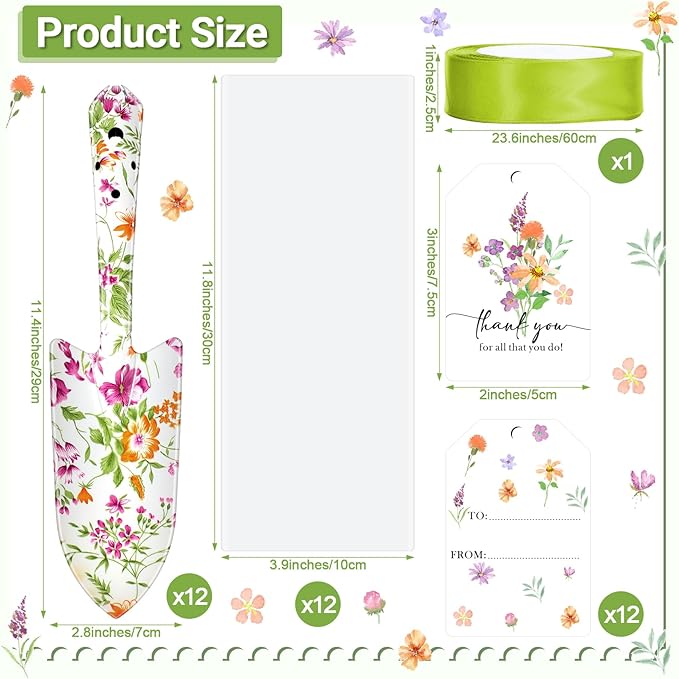 Capoda 12 Sets Floral Garden Shovels Bulk Gardening Gift for Women Thanksgiving Garden Tools Floral Hand Heavy Duty Trowels Thank You Cards with Bags for Christmas Mom Birthday Teacher(Green,Classic)