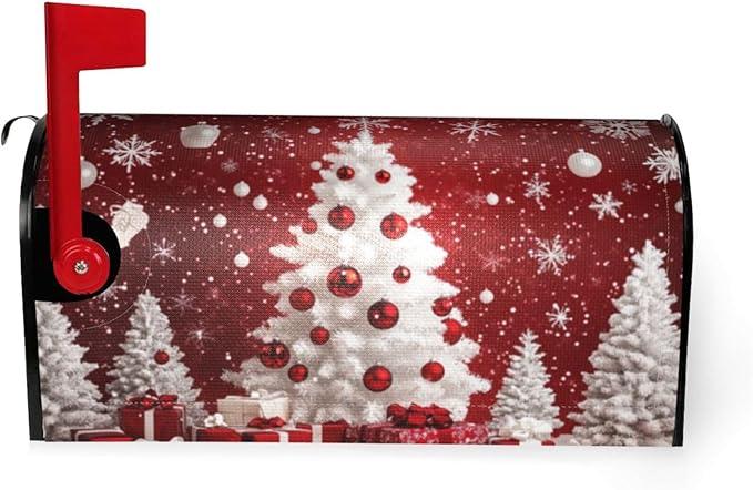 Festive Magnetic Mailbox Cover Red Christmas Tree Pattern Outdoor Mailbox Protector Holiday Seasonal Decorative Garden Yard Home Standard Size 21 x 18 Inch