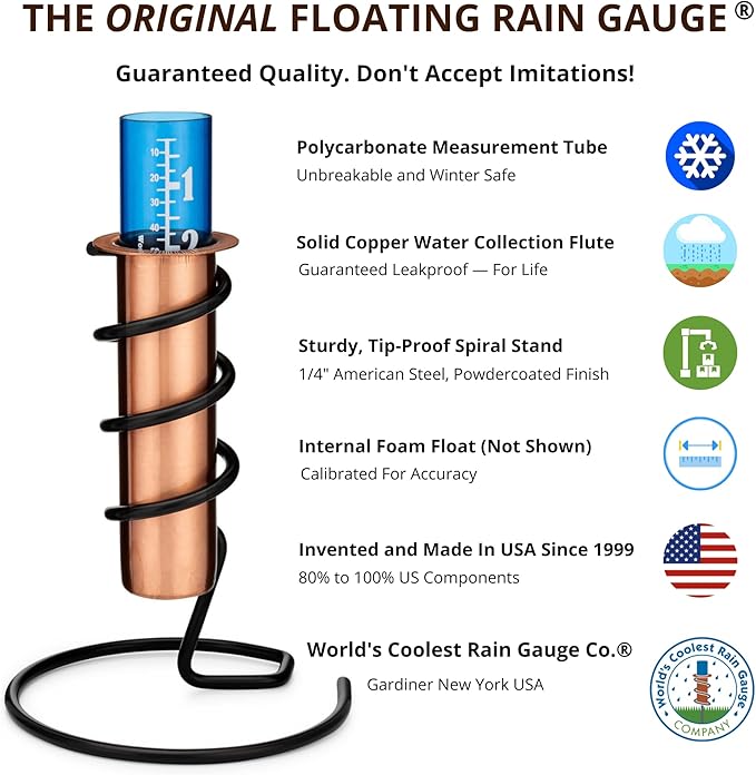 WCRG Copper Rain Gauge for Yard, Freestanding Steel Base - Outdoor Sprinkler Gauges, Shatterproof, Winter-Safe, Accurate, Decorative - The Original Floating Rain Gauge, USA Assembled & Designed