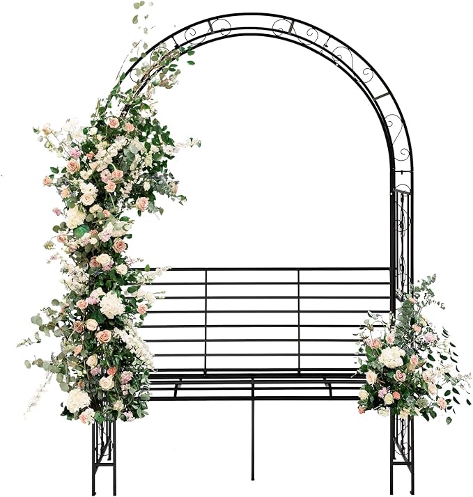 Garden Arbor with Garden Bench, 7FT Wedding Arches for Ceremony, Metal Arbor Trellis for Climbing Plants Outdoor, Black Garden Archway for Lawn, Patio and Backyard