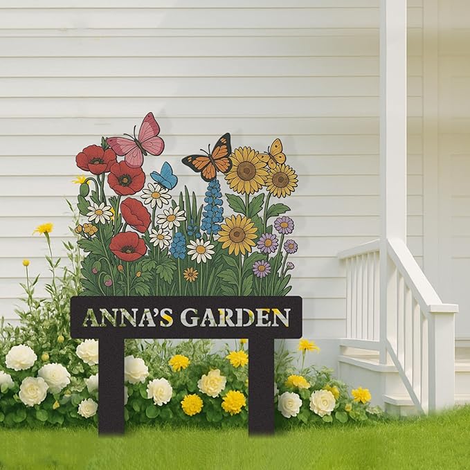 Personalized Garden Signs, Colorful Flowers Garden Decor for Outside, Decorative Yard Stakes, Metal Yard Art, Patio Decor, Custom Last Name Sign, Lawn Art, Housewarming Gifts Color09