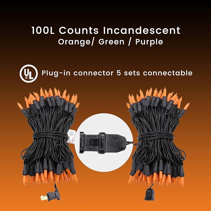 Thanksgiving Decorations Mini Orange Christmas Lights – 100 Count Mini Incandescent, 26.5ft Black Wire, UL Listed Connectable Pumpkin Lights for Porch, Patio, Fall Decor