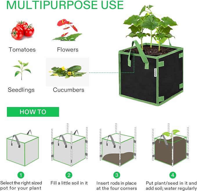 VIVOSUN 5 Pack 7 Gallon Square Grow Bags, Thick Nonwoven Cubic Fabric Pots with Handles for Indoor and Outdoor Gardening