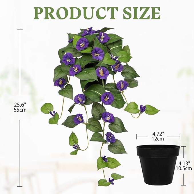 Briful Artificial Hanging Flowers in Pot 25.6" Faux Silk Morning Glory Flower Vine with Cascading Greenery Fake Hanging Plants for Home Office Bathroom Table Shelf Decor(Purple)