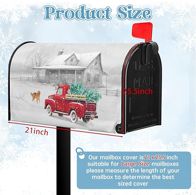 Winter Mailbox Cover Red Truck Snowflake Oversize Mailbox Wrap with Magnetic Strip Christmas Dog Snowy Letter Post Box Cover Decoration Welcome Home Outdoor Large Size 25.5" Lx 21" W
