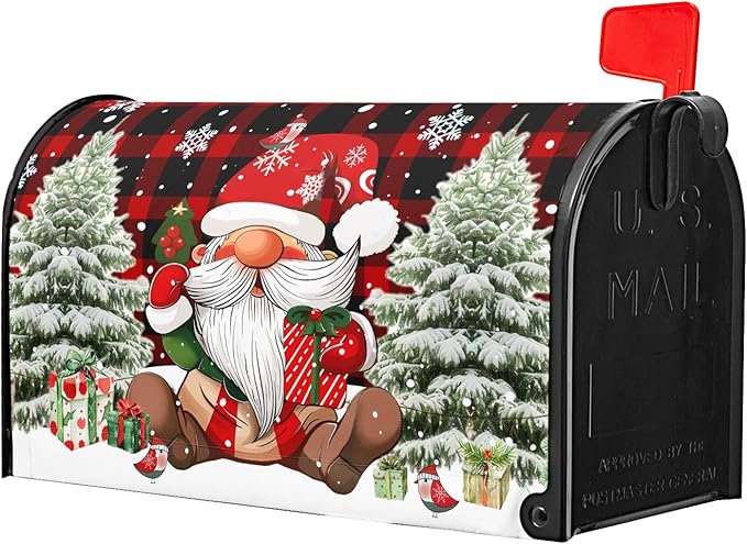 Christmas Mailbox Cover Magnetic Red Buffalo Plaid Gnome Mailbox Covers Magnetic Standard Size 21" X 25.5" Snowflake Mailbox Post Cover Letter Box Cover Home Garden Decor for Outside Decoration