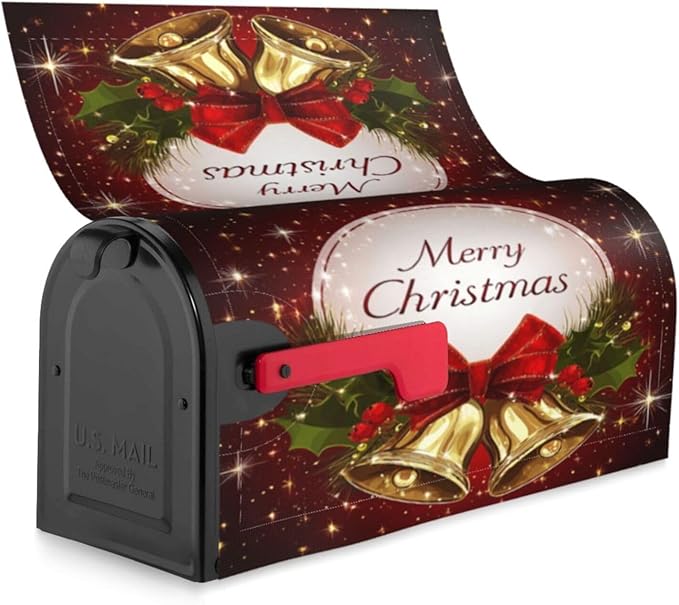 Festive Magnetic Mailbox Cover Christmas Bell Pattern Outdoor Mailbox Protector Holiday Seasonal Decorative Garden Yard Home Large Size 25.5 x 21 Inch