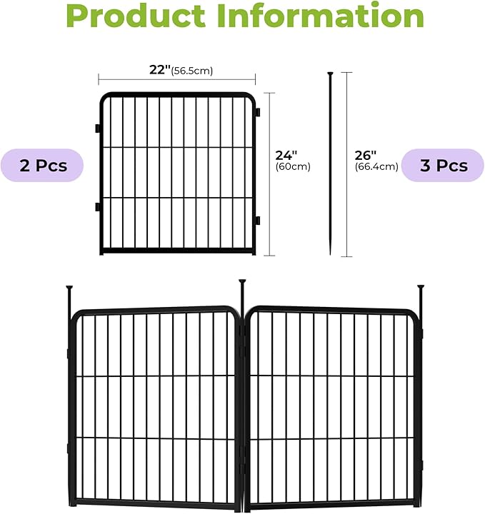 SunsGrove Garden Fence 24 in(H) x 3.7 ft(L) 2 Panels, Heavy Duty Metal Animal Barrier Fence for Dogs, Easy No-Dig Setup, Decorative Dog Fences, Black