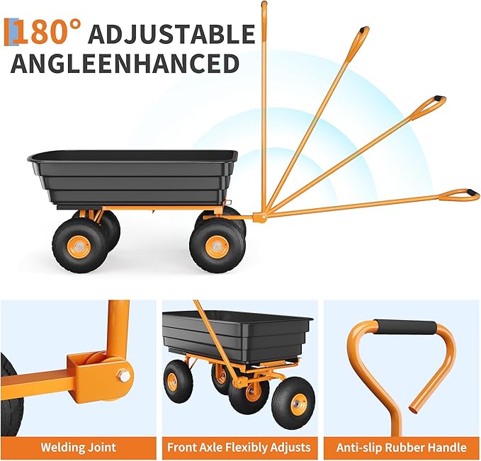 Garden Dump Cart, 4 Cu.Ft. 600Lbs Garden Cart, Heavy-Duty 4 Wheel Wheelbarrow Yard Cart with 10-Inch All-Terrain Wheels, Features A Quick-Release Tipping Function, for Courtyards, Farm, Gardening