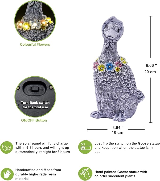 Nacome Solar Goose Outdoor Statues for Garden: Outside Decor with Glowing Flower Clearance for Porch Yard Art Lawn Ornaments Patio Balcony - Birthday Gifts for Women Mom Grandma(Gray)