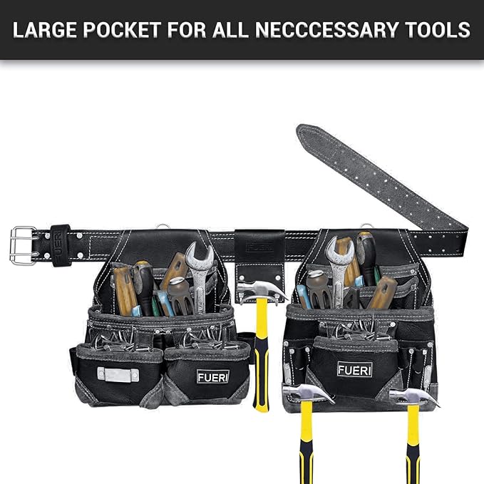 FUERI 16 Pocket Leather Tool Belt for Men, Comes with Heavy Duty Tools Pouches, 3 Hammer holders, Adjustable Belt, Carpenter tool Organizer for Carpenter, Construction, Electrician Rig.