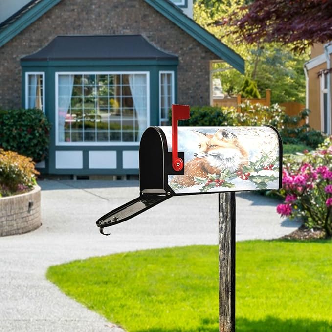 SUABO Mailbox Cover Fox Holly Berry Oversize Magnetic Mailbox Covers Wraps for Christmas Home Yard Garden Decor
