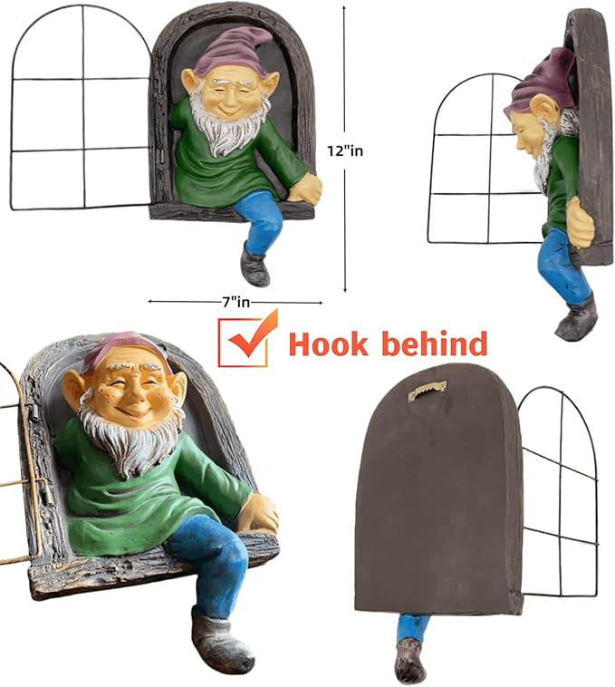 Teaeeno 12-inch Elf Out The Door Tree Hugger, Whimsical Old for Man Resin Statue with Foliage Features, Large Outdoor Tree Hugger for Yard Art, Trees Decorations Outdoor Wallmounted Statue