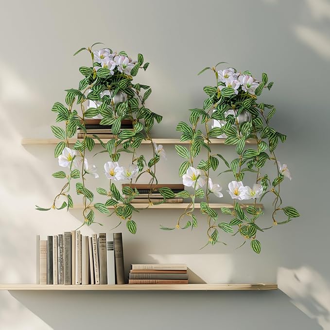 2PCS Artificial Hanging Plant with Pot Faux Hanging Plants Small Hanging Plants Pot with Artificial Vines and Flower Greenery Decoration for Living Room Wall Home Wall Shelf (Stripe White)