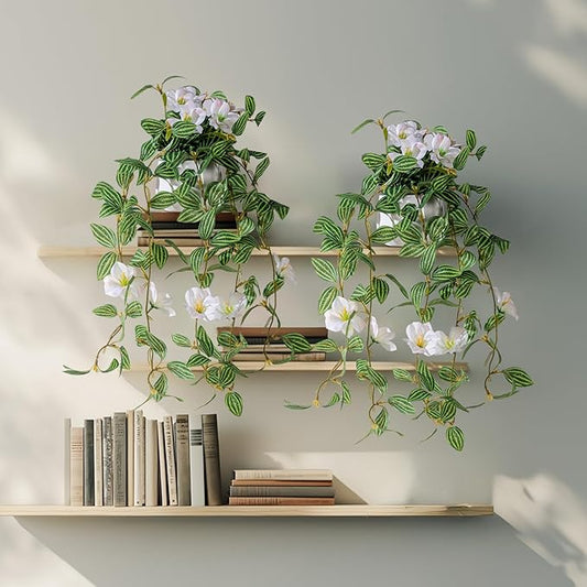 2PCS Artificial Hanging Plant with Pot Faux Hanging Plants Small Hanging Plants Pot with Artificial Vines and Flower Greenery Decoration for Living Room Wall Home Wall Shelf (Stripe White)