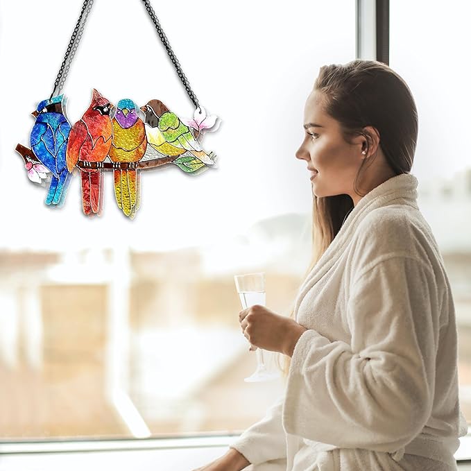 Stained Glass Window Hanging - Birds on A Branch Suncatcher for Window Doors Home Decoration, Valentine's Day Mother's Day Birthday Bird Lover Gifts for Women, Men, and Mom Grandma