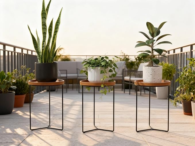 Indoor Metal Plant Stands with Wooden Tops, Holds Pots up to 12" Diameter, 120 lb Capacity Each - 9" Wood Top Plant Stand - 3-Pack