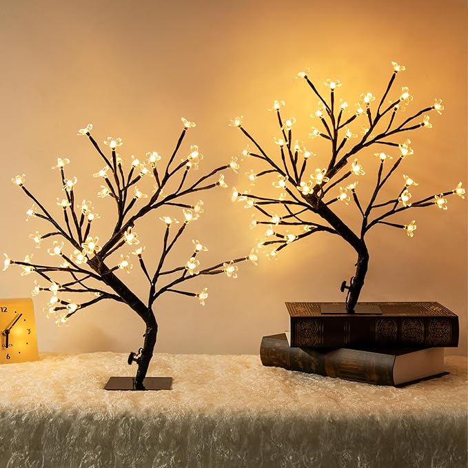 PEIDUO Set of 2 Lighted Cherry Blossom Tree, Light up Bonsai Tree for Christmas Decorations, Warm White Lights Plug in Adapter, Tabletop Night Light Artificial Tree for Indoor Bedroom Living Room