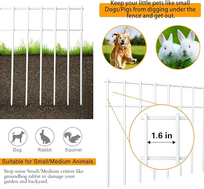 Adavin White Animal Barrier Fence,20Pack 20 in(L) X12 in(H) Galvanized Steel Stakes 1.6 in Spike Spacing No Dig fence for dogs,outdoor pet fence rabbit fences protector for Yard Patio.Total 33.5 Ft(L)
