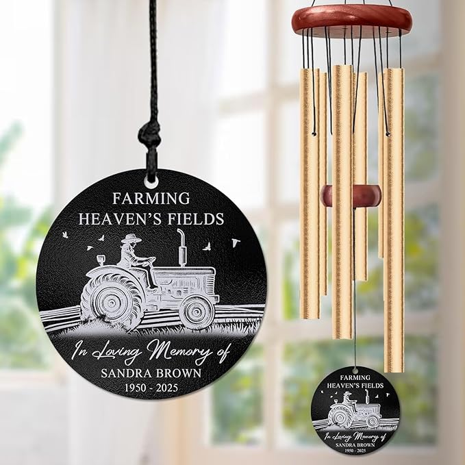 Personalized Farmer Memorial Wind Chime – “Farming Heaven’s Fields” Custom Name & Years – Outdoor Sympathy Gift for Farming Families – Memorial Windchimes for Loss of Loved One – Remembrance Décor