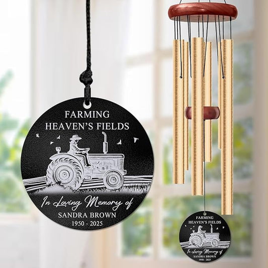 Personalized Farmer Memorial Wind Chime – “Farming Heaven’s Fields” Custom Name & Years – Outdoor Sympathy Gift for Farming Families – Memorial Windchimes for Loss of Loved One – Remembrance Décor