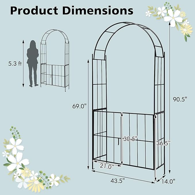 Tangkula 7.5Ft Garden Arbor with Gate, Metal Garden Arch with Trellis for Climbing Plants, Roses, Vines, Outdoor Garden Archway for Wedding Bridal Party Decoration Ceremony (Black)