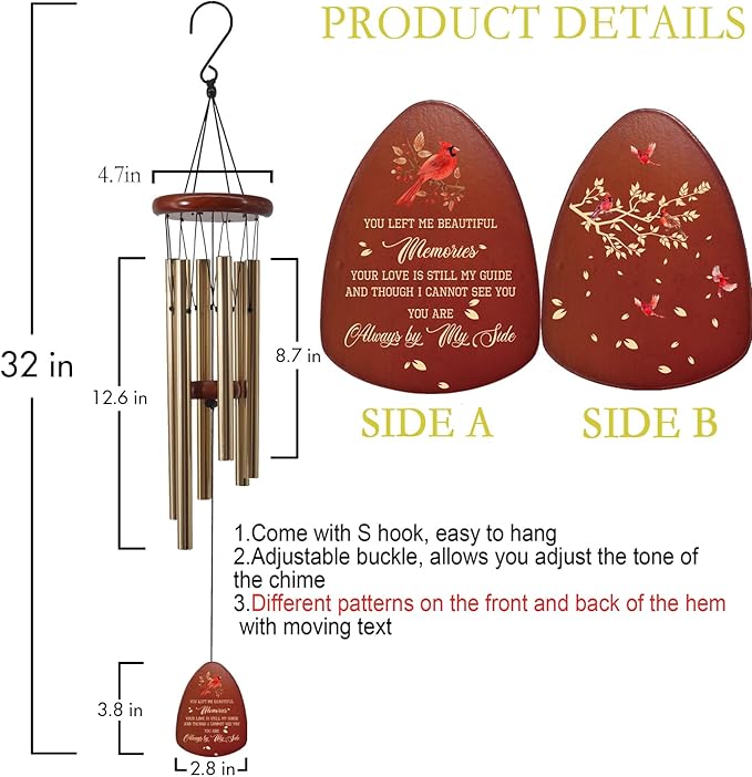Wind Chimes for Loss of Loved One 32", Cardinal Wind Chimes in Memory of a Loved One, Cardinal Memorial Gift, Sympathy Bereavement Condolence Gift,Wooden,Golden