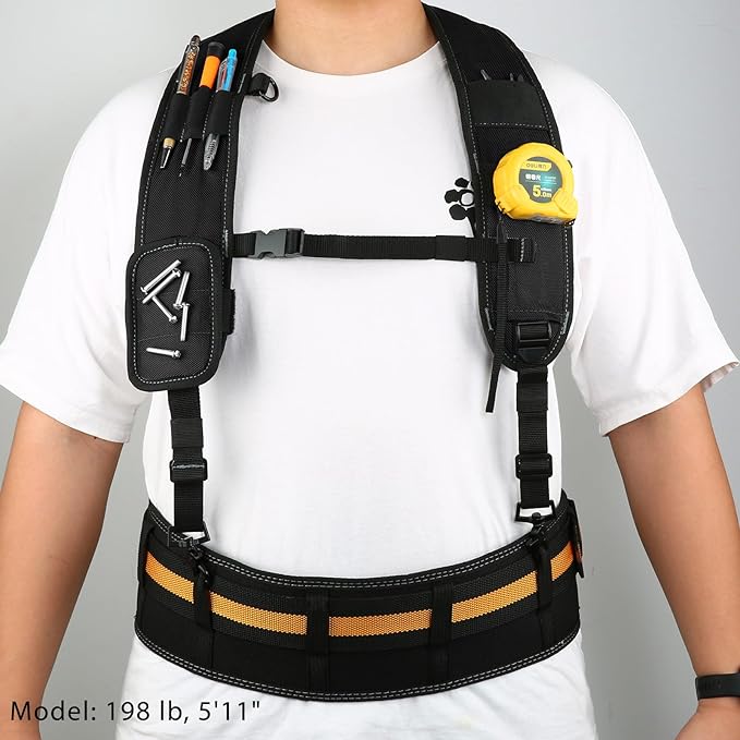 Tool Belt Suspenders, Tool Bag Suspenders, Work Belt Suspender with Magnetic Wristband and Loop Attachment, Padded Construction Suspender for Carpenter, Electrician, Framer, Black