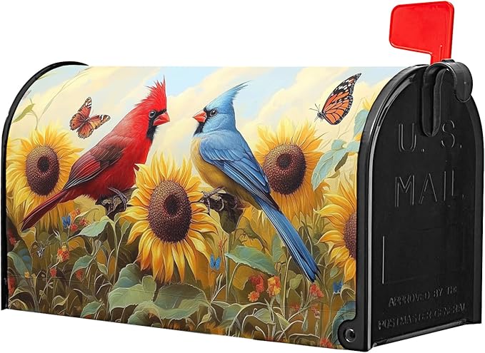 Sunflower Birds Mailbox Cover Magnetic 25.5x21 Inch Large Size Spring Summer Floral Butterfly Waterproof Mailbox Wrap Post Cover for Outdoor Outside Garden Yard Seasonal Decor