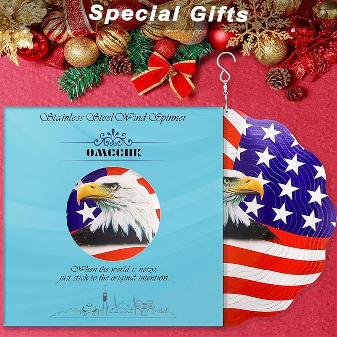 12 inch Wind Spinners Outdoor Hanging Decor, Steel Wind Spinner, Large American Eagle Ornament Spinner, Wind Chimes for Outside, Kinetic Sculpture Sun Catcher, Yard Art Garden Decor, Grandma Gifts