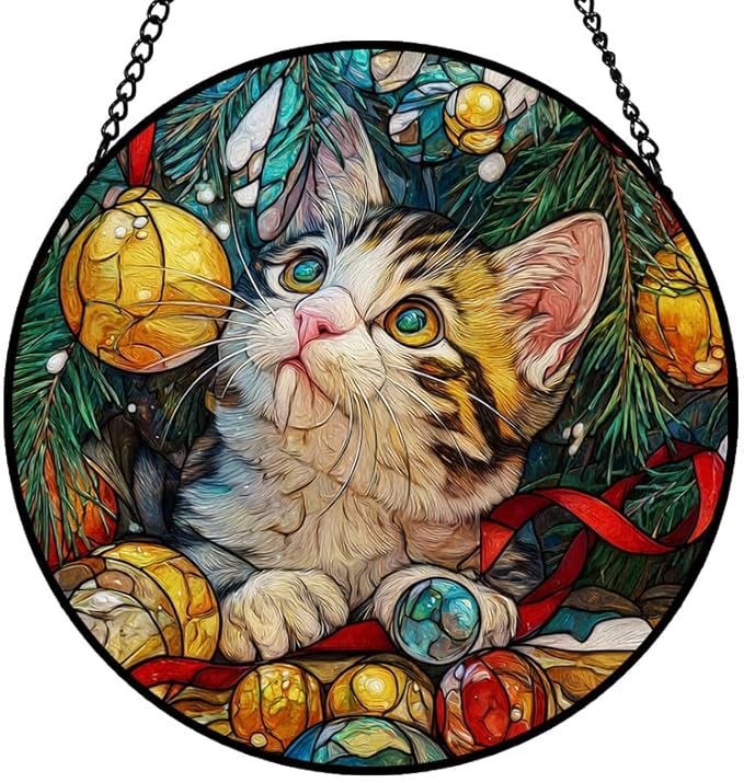 Stained Glass Window Hanging – 9.8 in Kitten and Christmas Tree Panel with Chain， Bathroom Front Door Living Room Garden Decor， Gift for Mom Wife Lovers