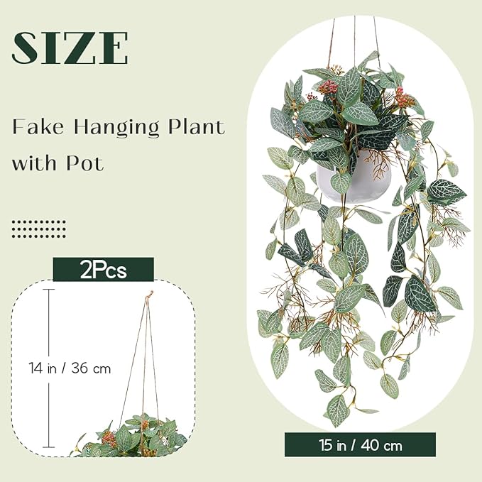 2pcs Fake Hanging Plant with Pot Small Artificial Hanging Potted Plants Indoor Decor Faux Greenery Hanging Vines Wall Decor for Bedroom Shelf Outdoor Garden Decoration
