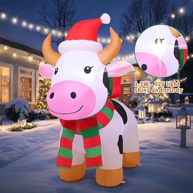 COMIN 5.9 FT Christmas Inflatables Outdoor Decorations Inflatable Cow with LEDs,Quick Blow Up with Built-in LEDs for Yard Party Lawn Decor