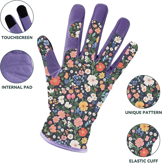 Gardening Gloves for Women, Printed Touchscreen Garden Gloves with Grip, Thorn-Proof Puncture-Resistant Work Gloves
