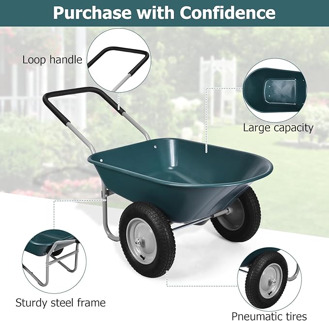 S AFSTAR 2 Wheels Wheelbarrow, Heavy Duty Garden Cart with Two 13-inch Pneumatic Tires, 330 lbs Capacity, Utility Cart for Outdoor Lawn Yard Farm Ranch (Green)