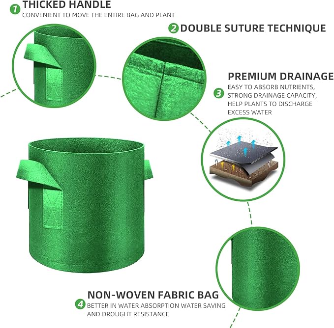 5-Pack 10 Gallon Grow Bags Heavy Duty Thickened Nonwoven Fabric Pots with Handles, Plant Grow Bags for Vegetables/Flower/Plant/Fruits, Green