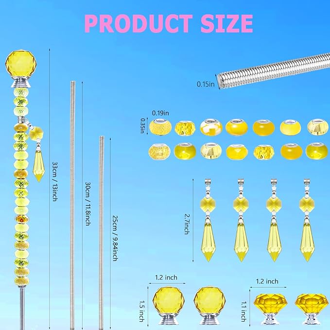 Exway 100 PCS DIY Fairy Wand Beaded Garden Stake Beads Kits with Yellow Large Hole Beads 4 Crystal Stopper Top Threaded Rods and 4 Yellow Sparkling Crystal Pendants for Outdoor Indoor Decor