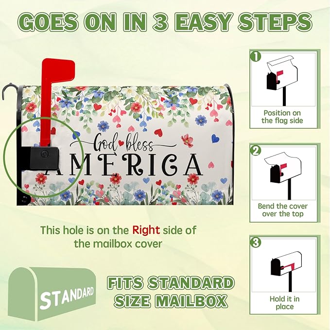 God Bless Patriotic Mailbox Covers 4th of July Mailbox Cover Magnetic Standard Size 21x18 in Red and Blue Floral Post Letter Box Cover Wrap Outdoor Decor for Garden Eucalyptus Leaf