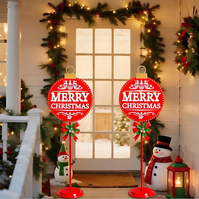 Vigdur Merry Christmas Sign - 34" Lighted Metal Holiday Ball Decoration Battery Operated with Timer, Christmas Yard Decorations for Indoor Outdoor Yard Lawn Party Holiday Décor