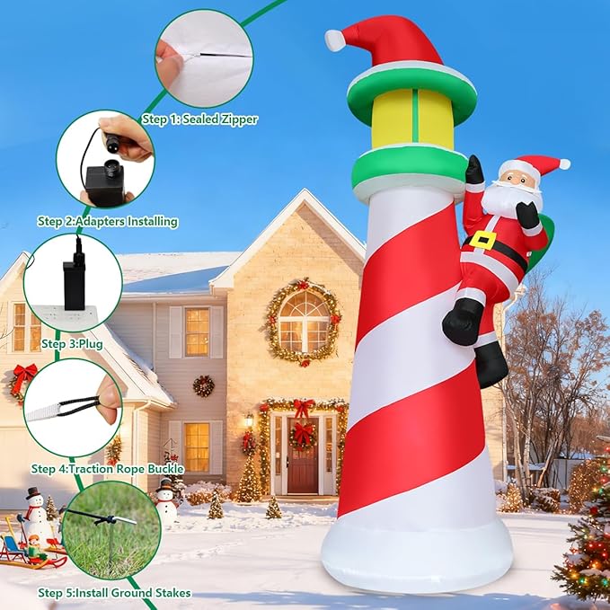 COMIN 10.1 FT Christmas Decorations Outdoor Inflatables Santa Claus Climb The Lighthouse Blowups with Built-in LEDs for Yard Party Lawn Decor