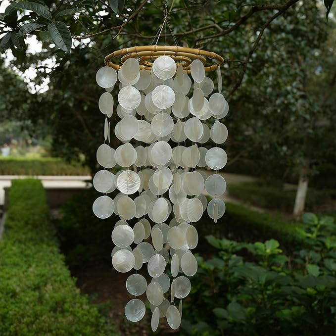 Capiz Shell Large Wind Chime for Outside Sea Glass Wind Chime Ocean/Beach Themed Chime Gift for Women Mother’s Day Decoration-White，32"*11"