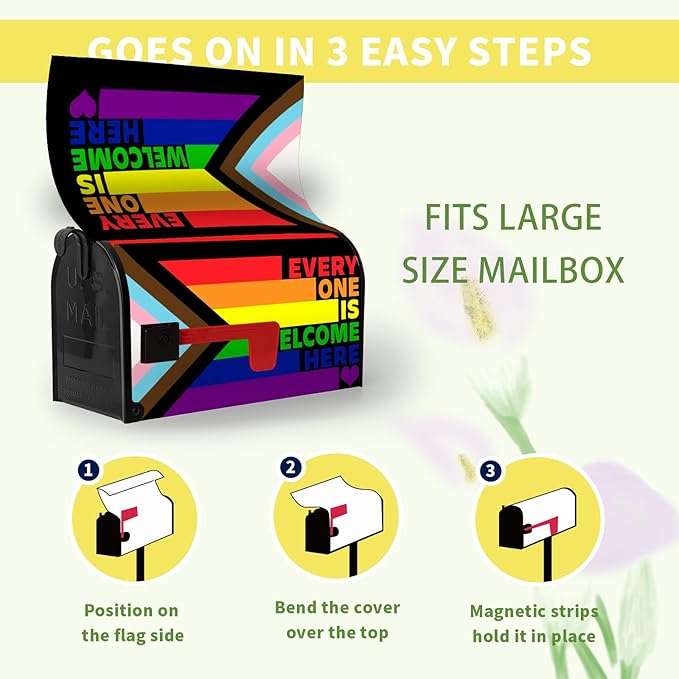 Pride Mailbox Cover Large Size Rainbow Gay Lesbian Transgender Bisexual LGBTQ Magnetic Mailbox Wrap Every One Is Welcome Here Post Letter Mail Box Covers Outdoor Decor Oversized 25.5 X 21 Inch