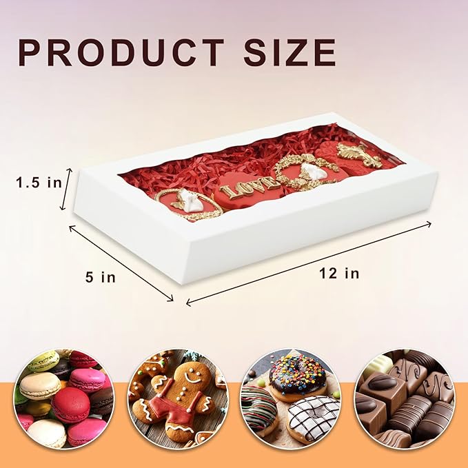 50pcs Cookie Boxes 12 x 5 x 1.5 Inch Bakery Boxes with window Chocolate Covered Strawberries Box for Christmas Valentine's Mother's Day- White