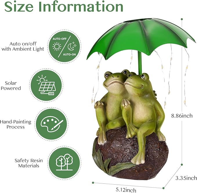 Solar Garden Statues Decor Frog Couple with LED Lights and Umbrella, Outdoor Garden Statues, Frog Statue for Patio, Balcony, Housewarming, Yard Ornaments Gifts for Women
