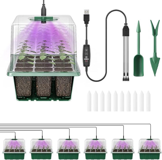Pawfly 6 Pack Seed Starter Kit, 72 Cells, Seed Starter Trays with Adjustable Grow Lights & 3.9" Humidity Domes, Indoor Seedling Starter Trays, Reusable Plant Germination Trays, Seed Starting Trays