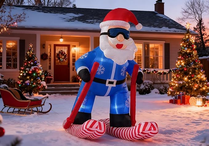 LANGXUN 8ft Skiing Santa Inflatable Outdoor Indoor Decor, Giant Blow Up IP44 Weatherproof Xmas Decorations for Yard, Built-in 7-Color LED Rotating Light for Gardern Lawn Winter Holiday