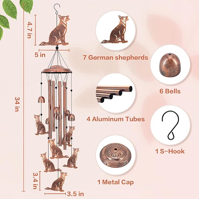 German Shepherd Dog Wind Chimes for Outside,Dog Gifts for Women Men/Memorial/Sympathy/Birthday Gifts Metal windchimes Outdoors/Indoors,Garden Decor,Patio,Home,Porch,Yard Decorations