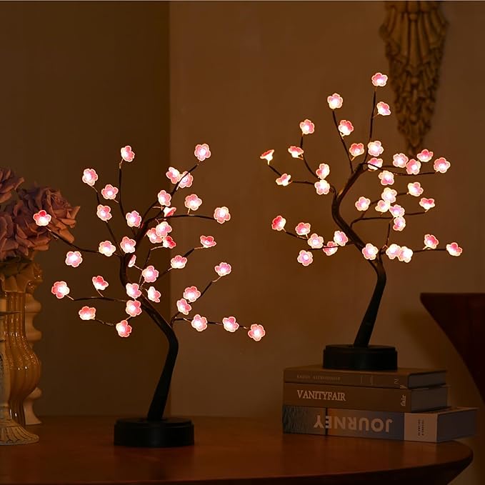 2 Cherry Blossom Bonsai Tree Lights, 36 LED Tree Lights, Japanese Style Decorative Batteries, and USB Plug-in Desktop Lighting Tree Lamps for Indoor Modern Home Decoration (Warm White)