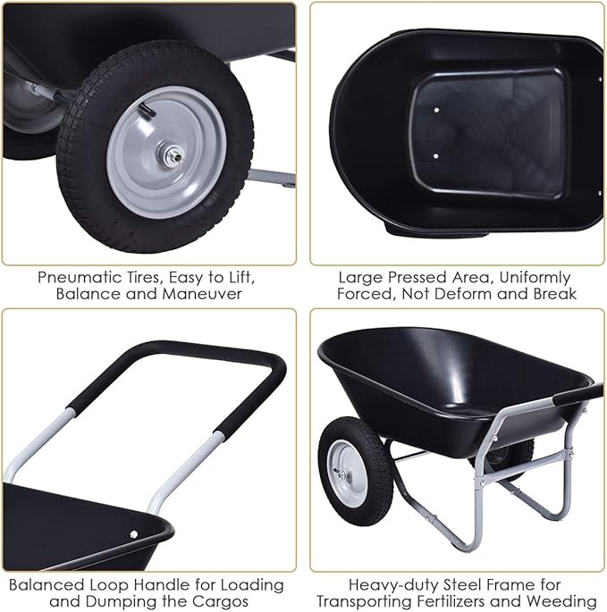 Goplus Dual Wheel Wheelbarrow, Heavy Duty Garden Cart, 330 lbs Capacity Utility Cart with Two 13 inches Pneumatic Tires for Outdoor Lawn Yard Farm Ranch Black